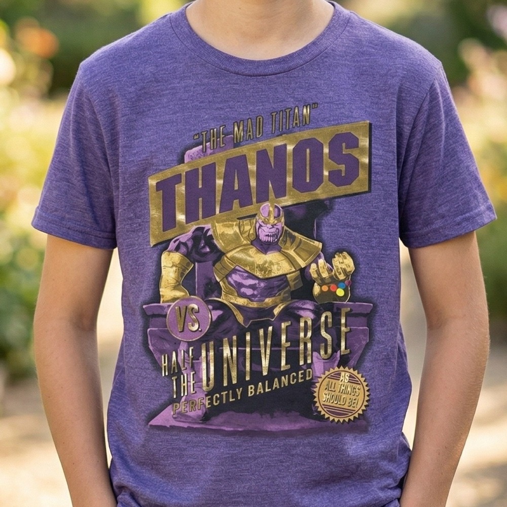 Marvel Avengers Thanos The Mad Titan Purple Graphic T-Shirt Gold Foil Kids XL